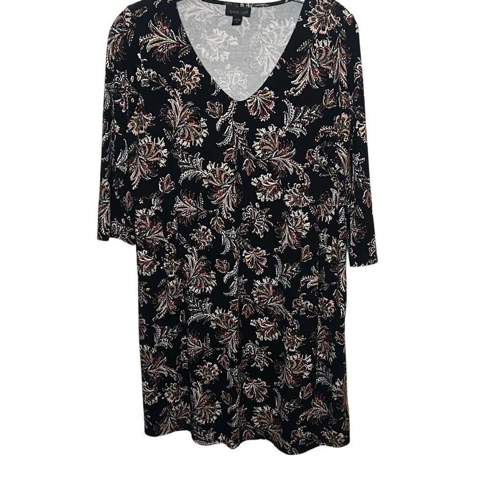 J Jill Wearable Women's Size Medium Paisley Long Line Tunic Black Floral Dress